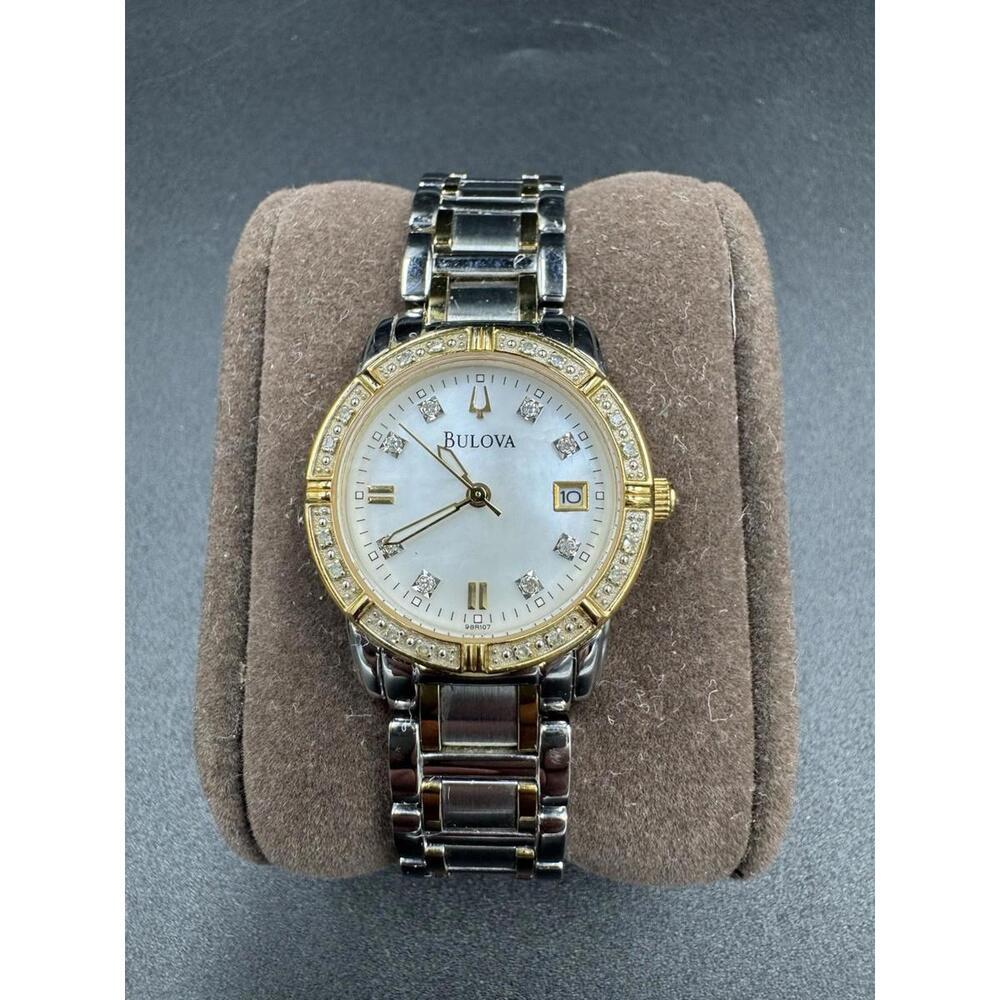 Bulova Watch Women 26mm Silver Gold Tone 98R107 MOP Diamond with New Battery VG